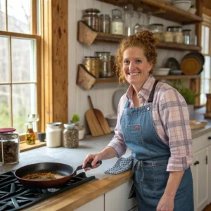 Warm illustrated portrait of Ruby Carson, a smiling 43-year-old American home cook, stirring a pot in her cozy kitchen with her dog by her side