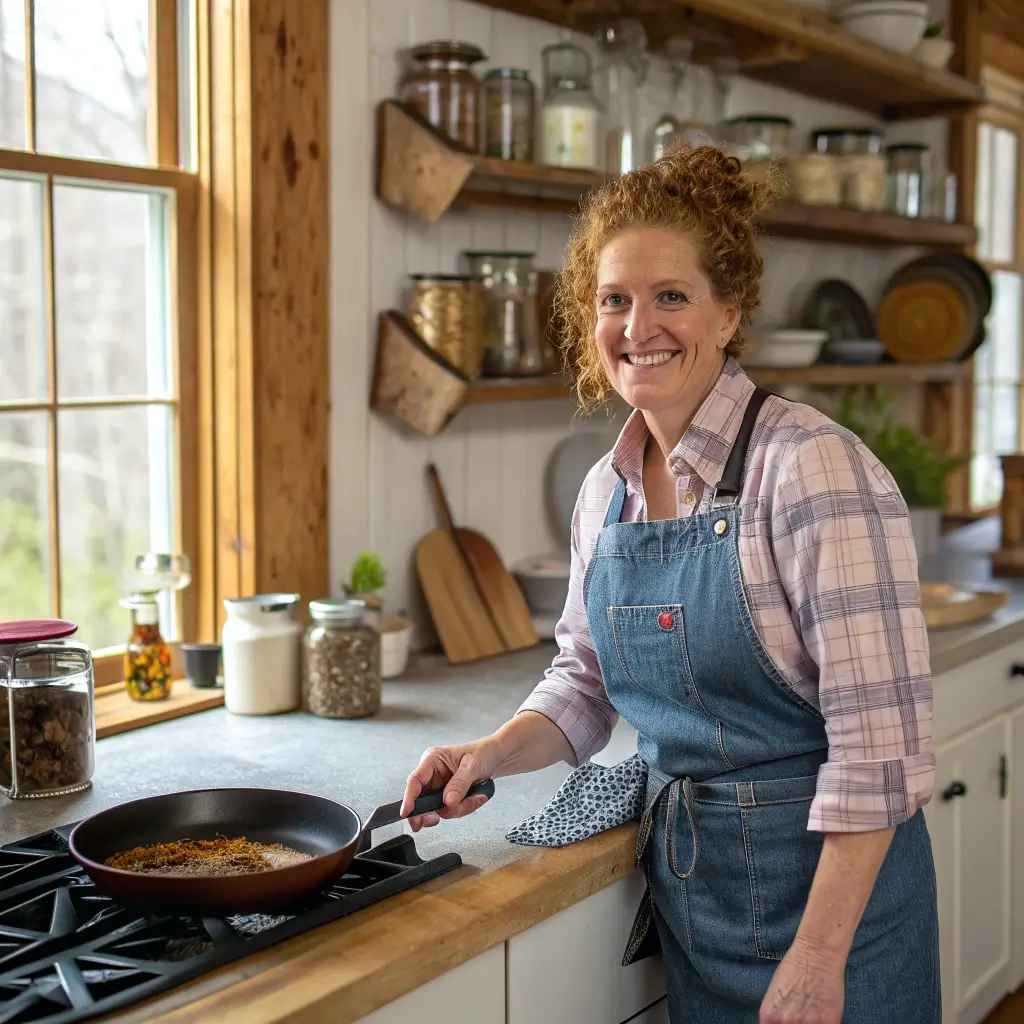 Warm illustrated portrait of Ruby Carson, a smiling 43-year-old American home cook, stirring a pot in her cozy kitchen with her dog by her side