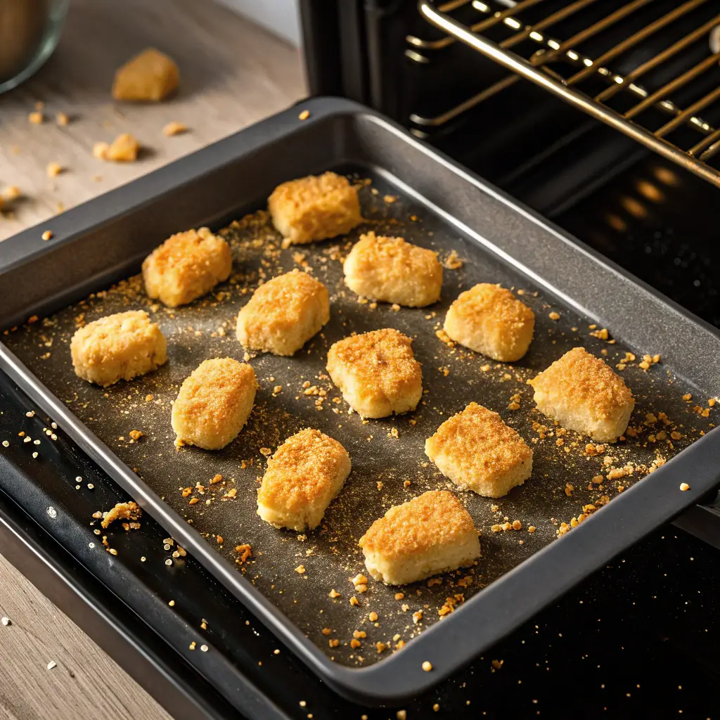 Oven-baked panko chicken nuggets in tray