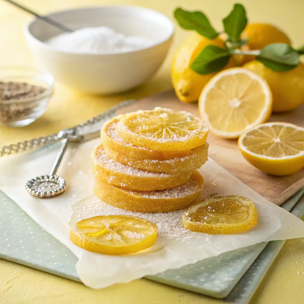 glossy candied lemon slices stacked on parchment paper