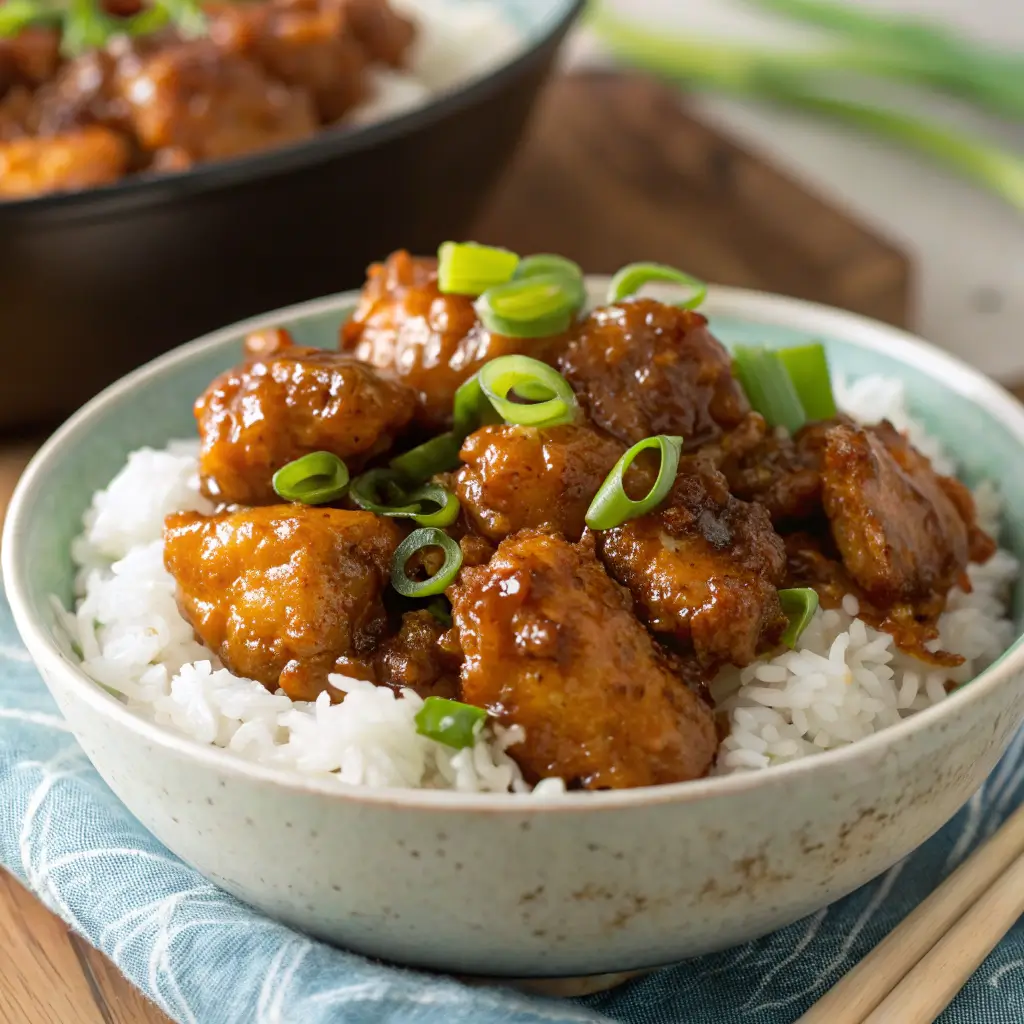 Crispy honey chicken in sticky glaze over rice
