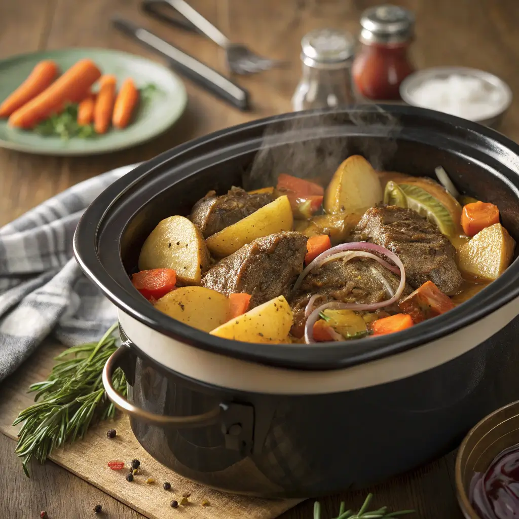 crockpot steak and potatoes served with herbs