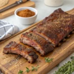 Dry rub for ribs on raw pork with BBQ seasoning crust