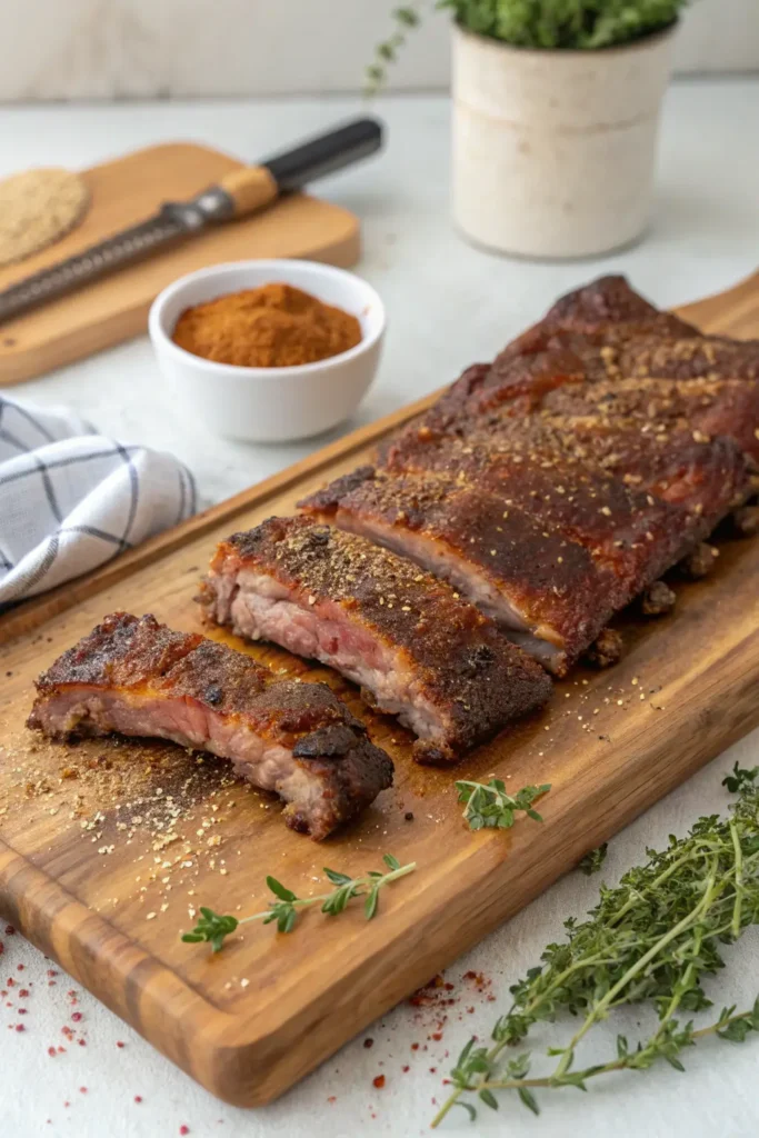 Dry rub for ribs on raw pork with BBQ seasoning crust