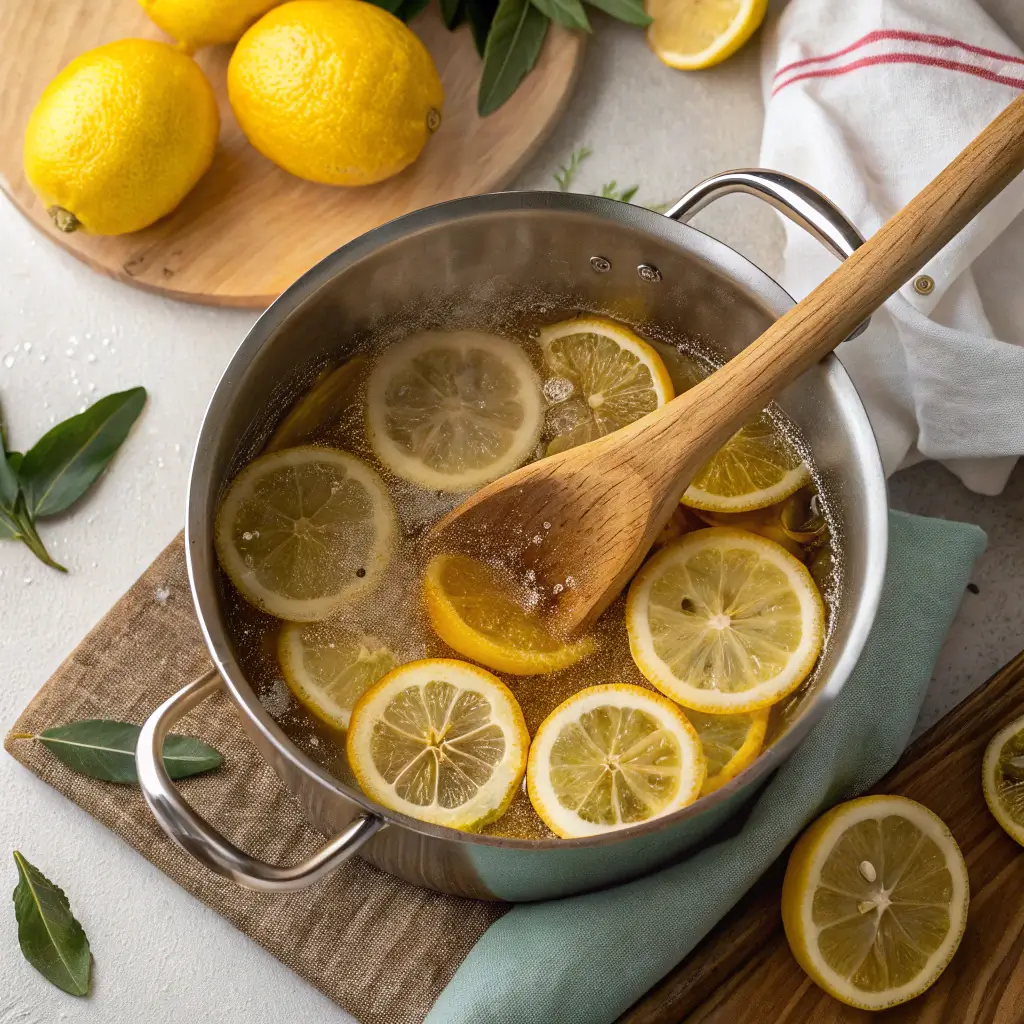 lemon slices simmering in sugar syrup for candying