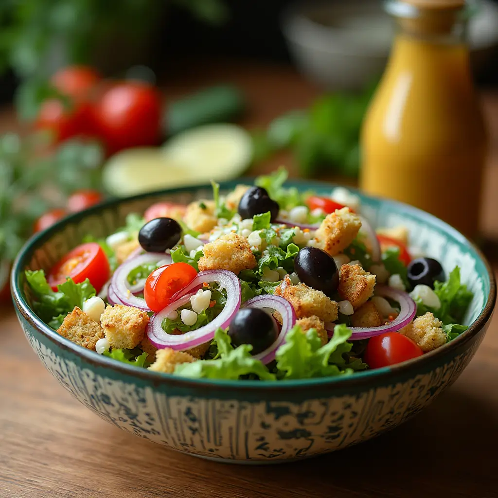 olive garden salad dressing on fresh restaurant-style salad