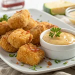 Crispy panko chicken nuggets on plate with dipping sauce