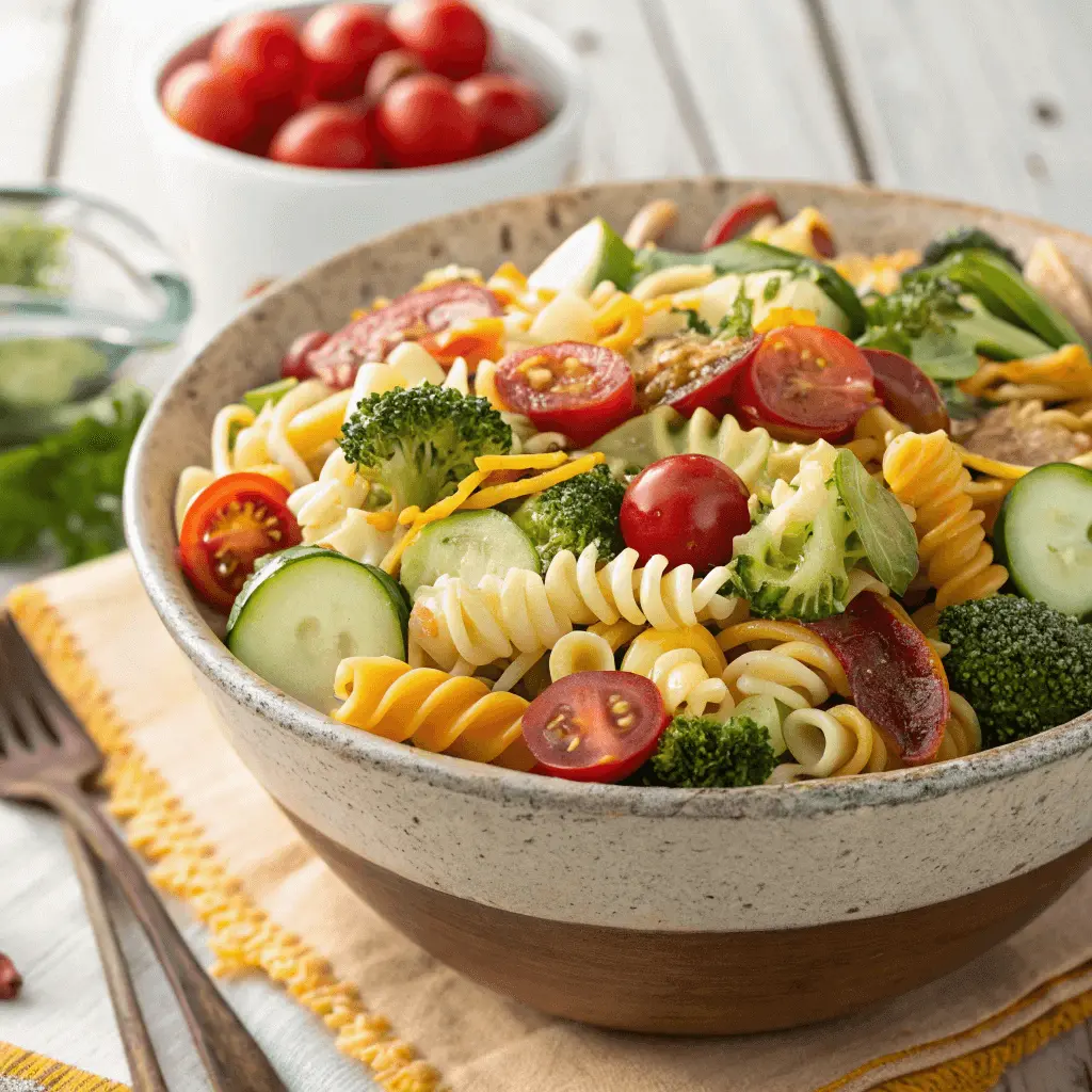 ranch pasta salad in a bowl with colorful vegetables and creamy dressing