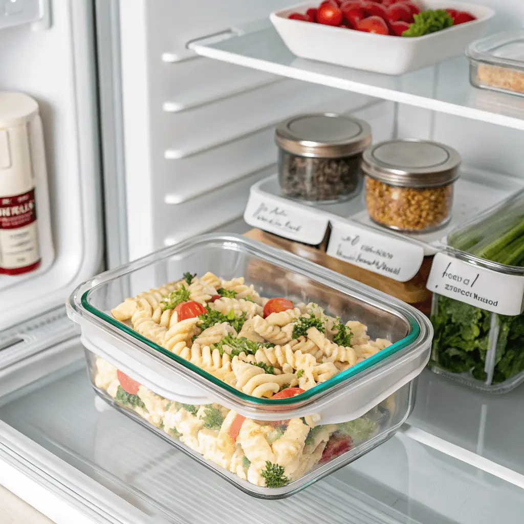 ranch pasta salad stored in fridge meal prep container