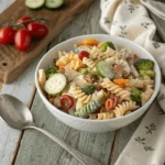 ranch pasta salad with vegetables and bacon in a bowl
