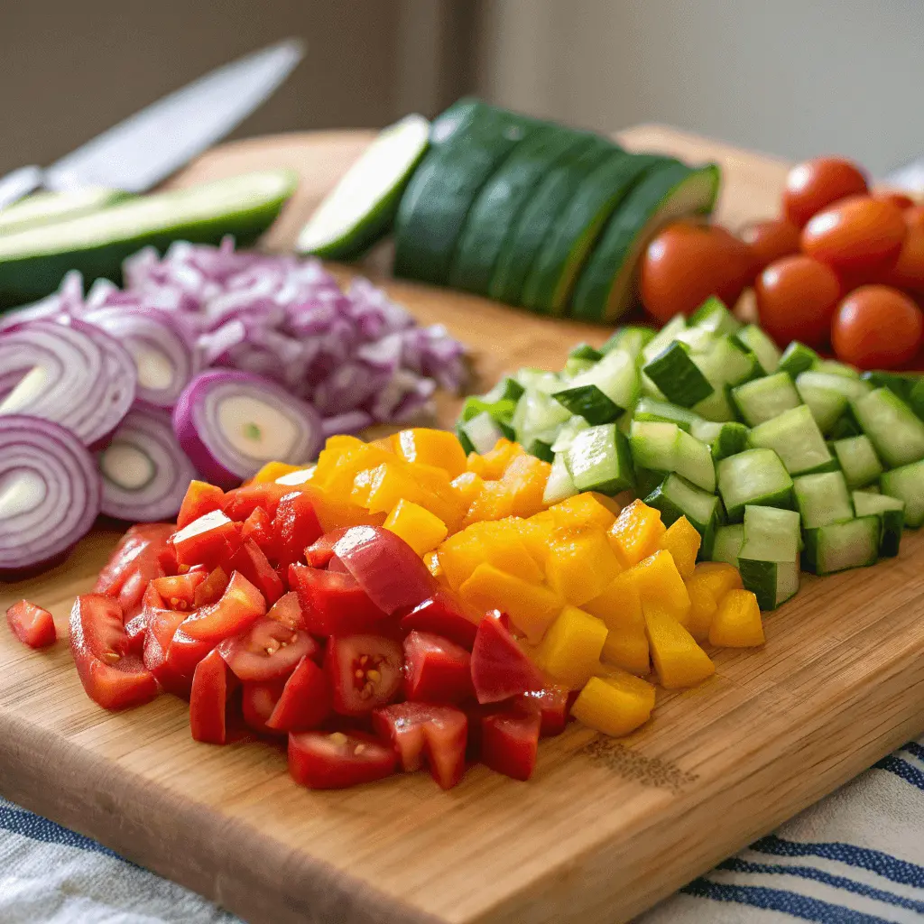 chopped vegetables for ranch pasta salad