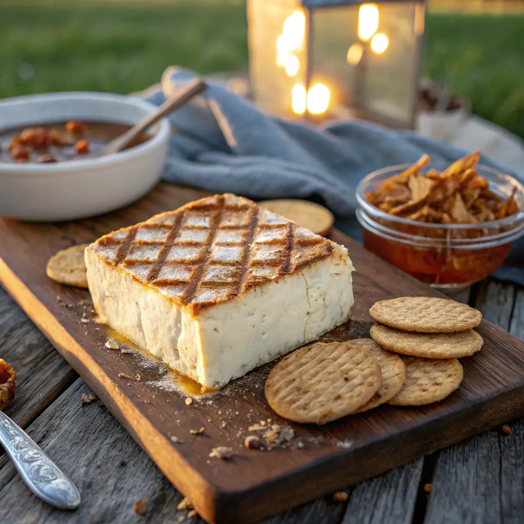 smoked cream cheese block served hot with chips at a BBQ