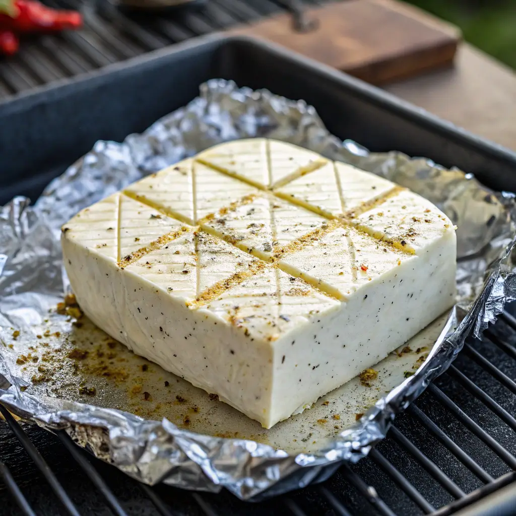 smoked cream cheese block seasoned and ready in the smoker