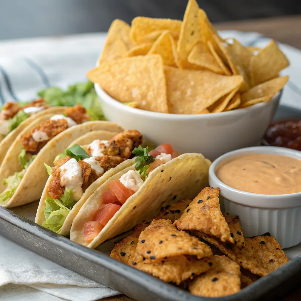 Taco Bell Quesadilla Sauce with tacos and nachos